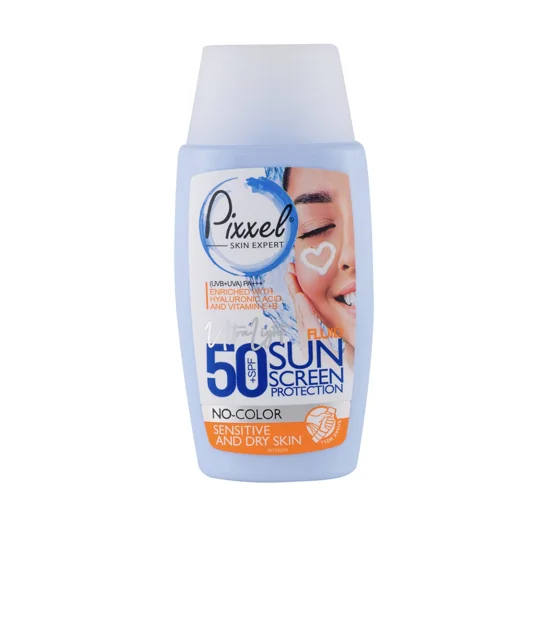 ضد آفتاب فلوئیدی SPF50 پیکسل بی‌رنگ مخصوص پوست خشک و حساس